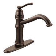 Oil rubbed bronze kitchen faucet with high arc spout, single handle, and oval base plate.