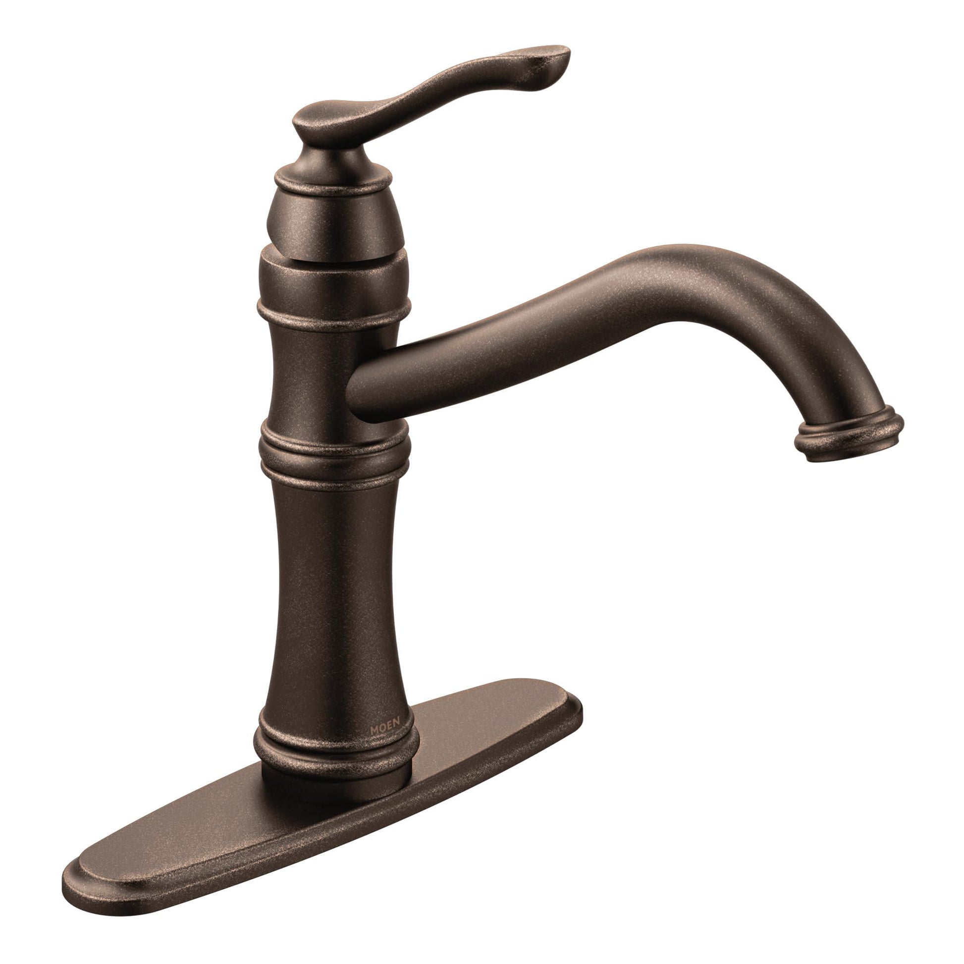 Oil rubbed bronze kitchen faucet with high arc spout, single handle, and oval base plate.