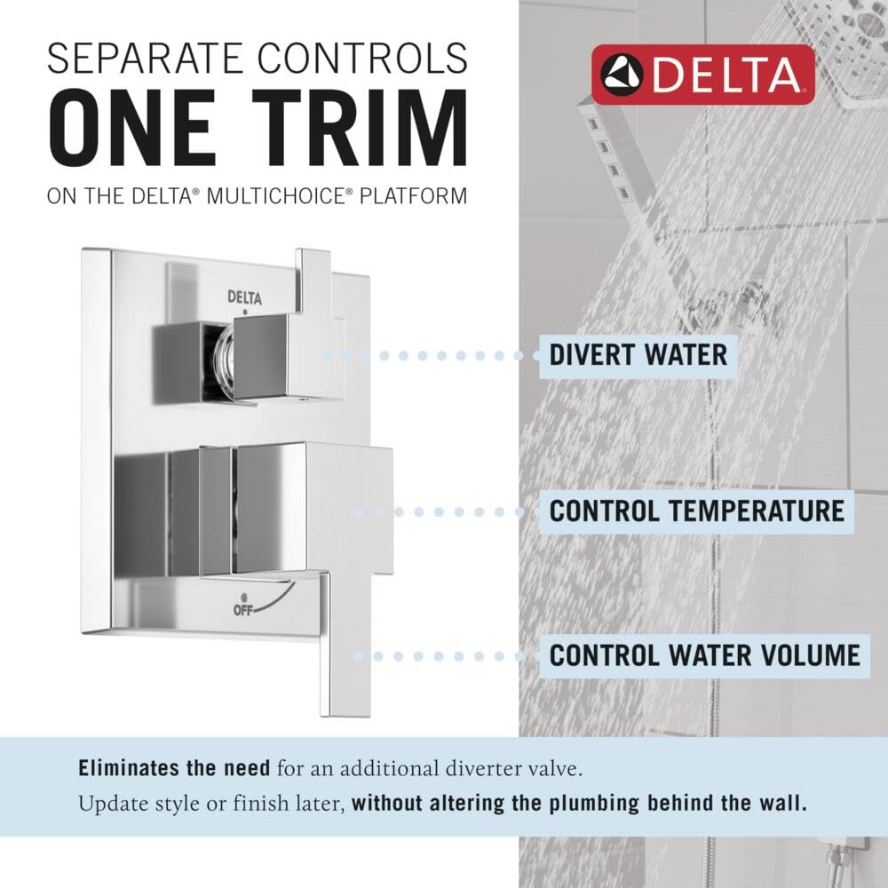Chrome shower valve trim with separate controls for water diversion, temperature, and volume on Delta MultiChoice platform.