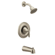 Brushed nickel tub and shower trim kit with single-handle valve trim, showerhead, and tub spout.