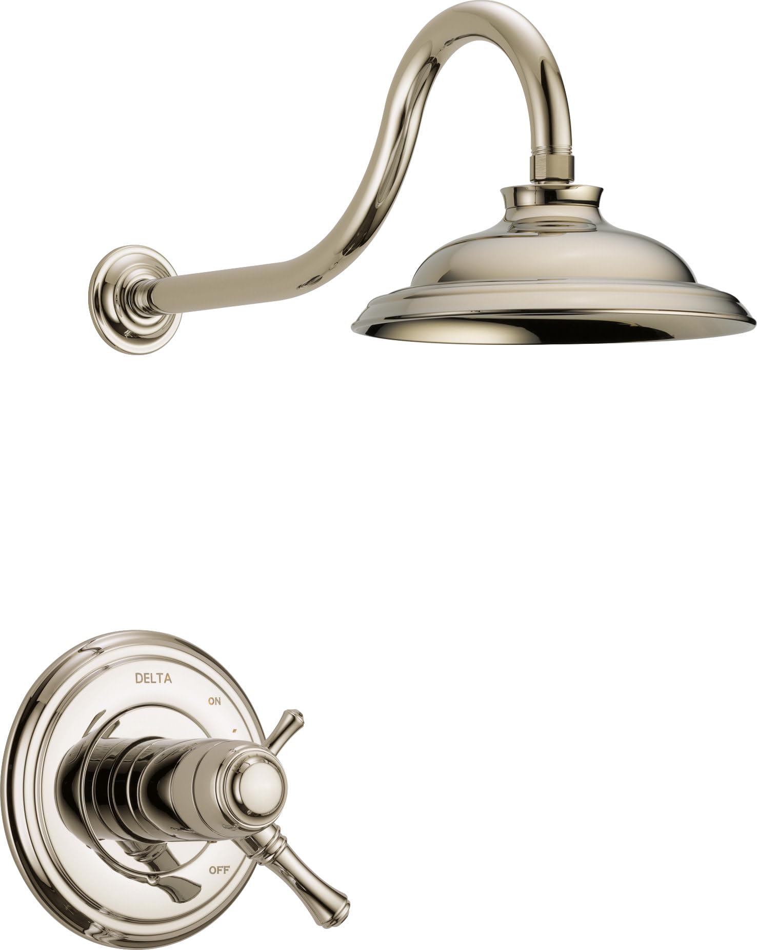 Polished nickel shower trim with curved wall mount arm, round showerhead, and dual-handle control valve with on/off markings.