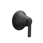 Moen Doux matte black volume control trim with round escutcheon and lever handle.