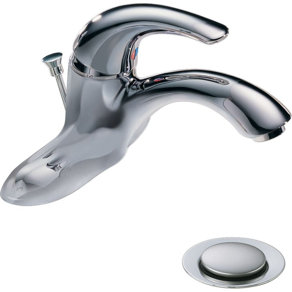 Chrome single-handle bathroom faucet with curved spout and pop-up drain assembly.