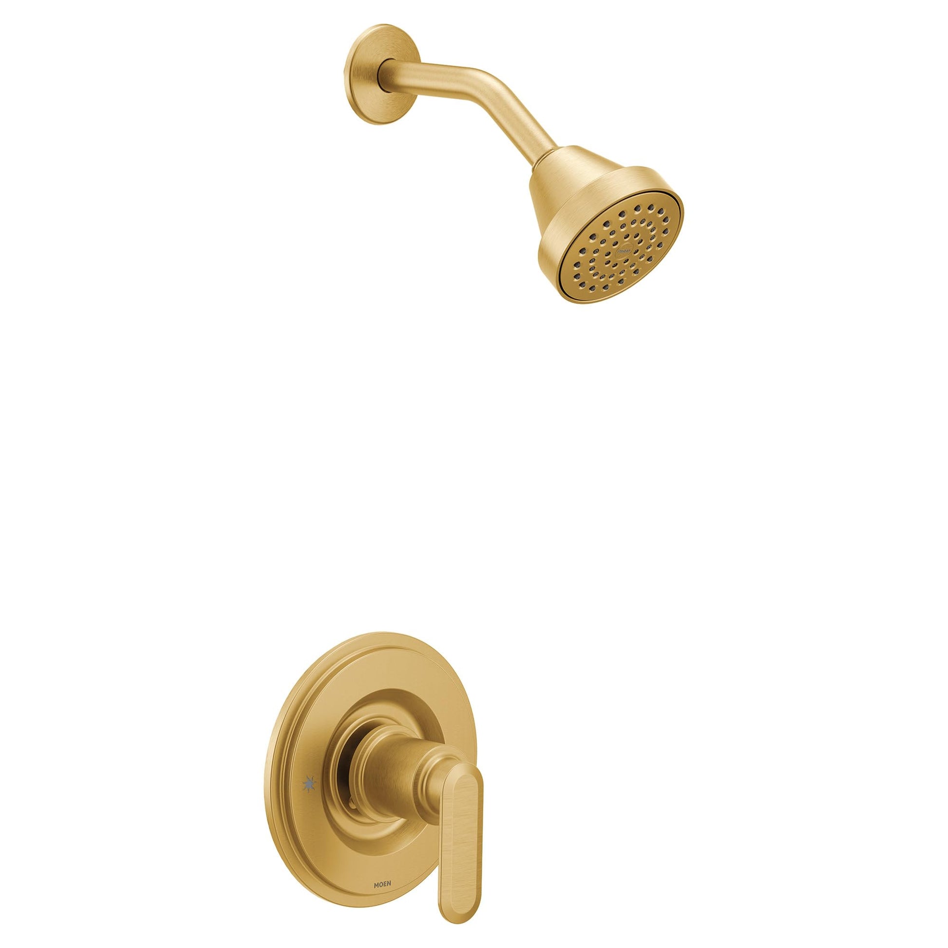 Brushed gold single-handle tub and shower faucet with round showerhead and lever handle.