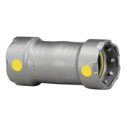 Silver metallic press coupling with yellow indicator dots and black interior fitting on one end.