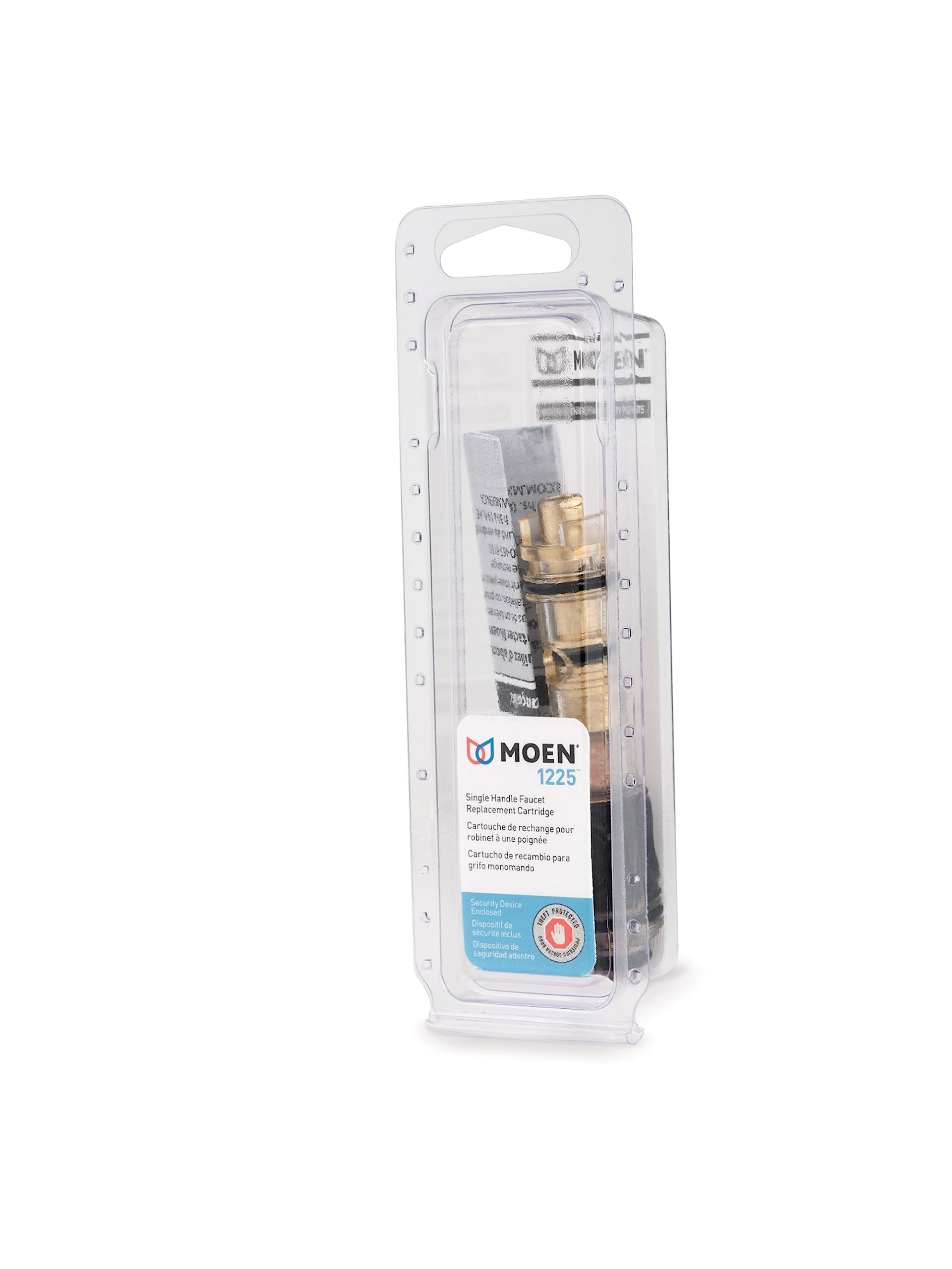 Moen 1225 replacement faucet cartridge in clear plastic packaging with brass interior component and black seal bands.