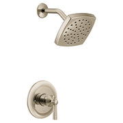 Polished nickel shower trim kit with single handle valve and square showerhead with multiple spray holes.