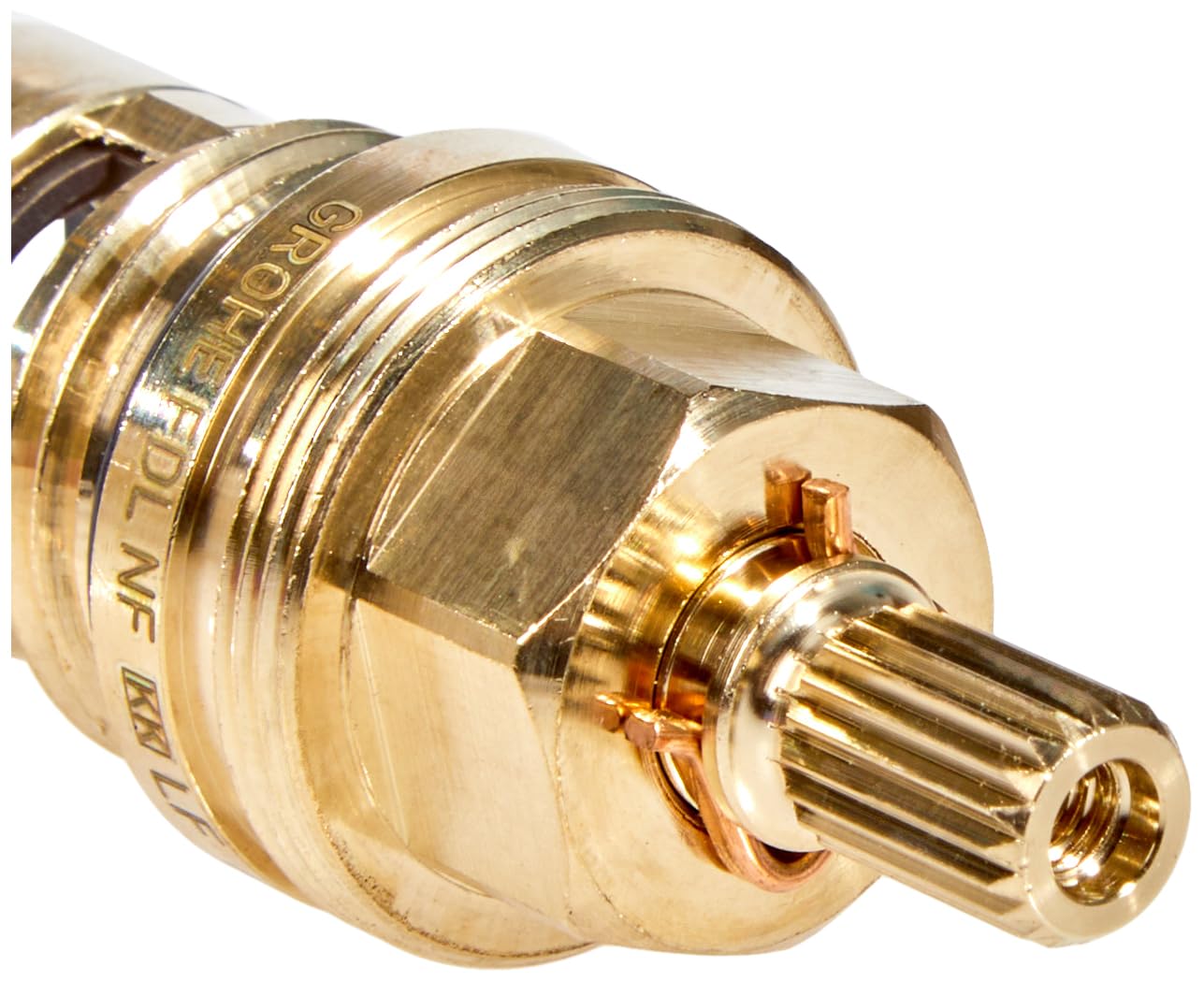 Grohe brass ceramic cartridge with threaded connection and ribbed stem for faucet valve assembly.