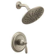 Brushed nickel shower trim with single handle valve, round showerhead with perforations, and curved arm mount.