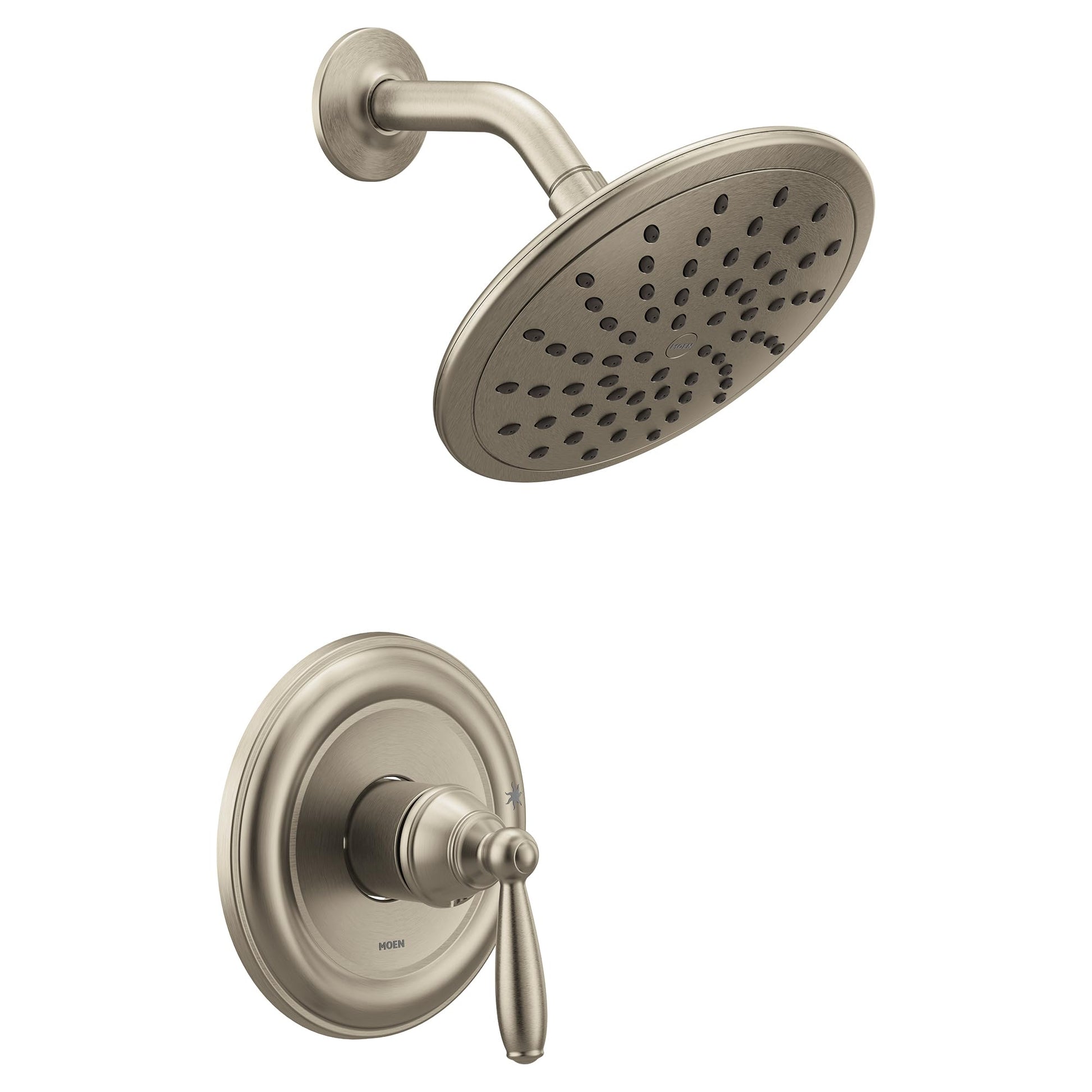 Brushed nickel shower trim with single handle valve, round showerhead with perforations, and curved arm mount.