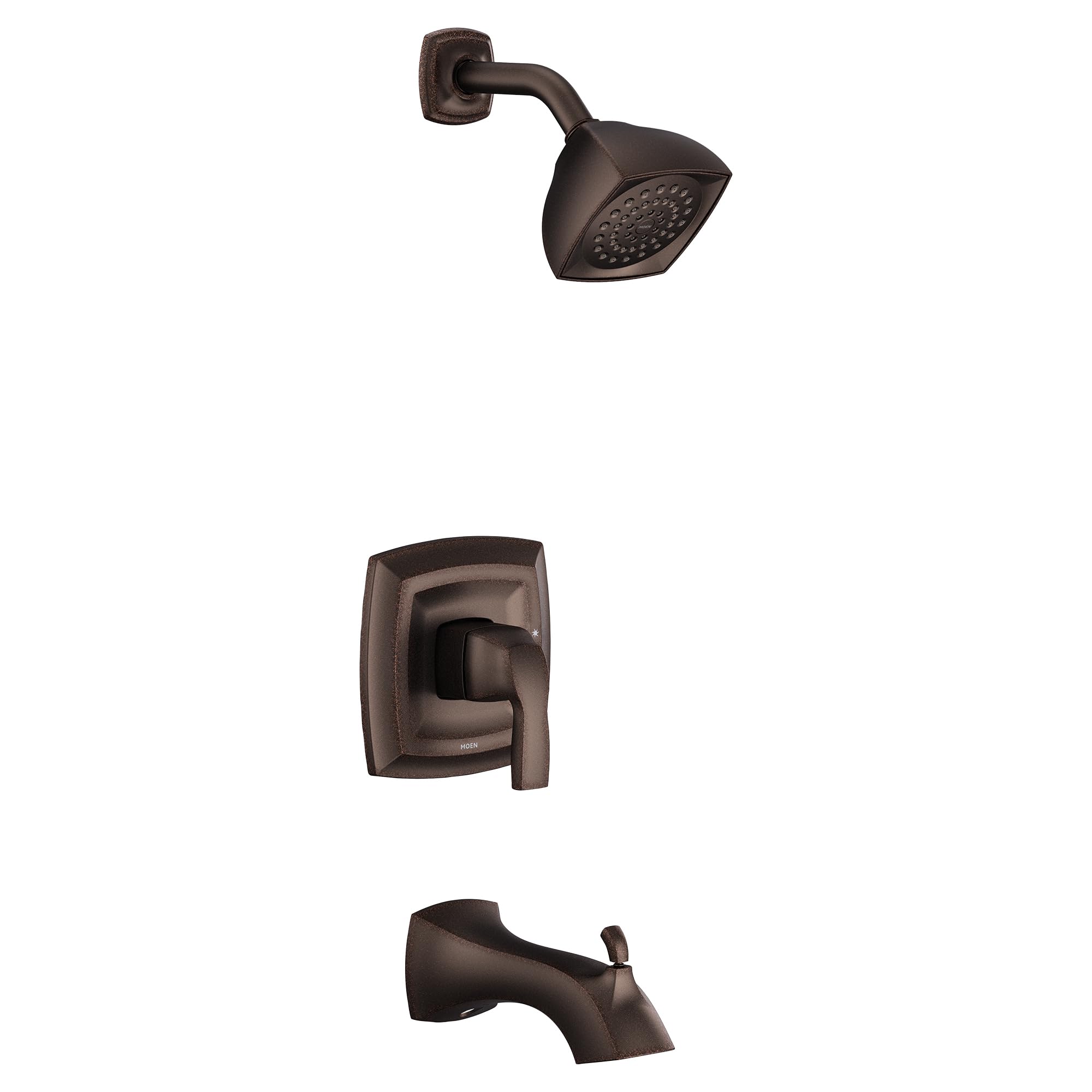 Oil-rubbed bronze tub and shower trim kit with single lever handle, showerhead, and tub spout.