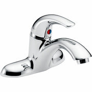 Chrome single-handle bathroom faucet with curved spout and red/blue temperature indicator.