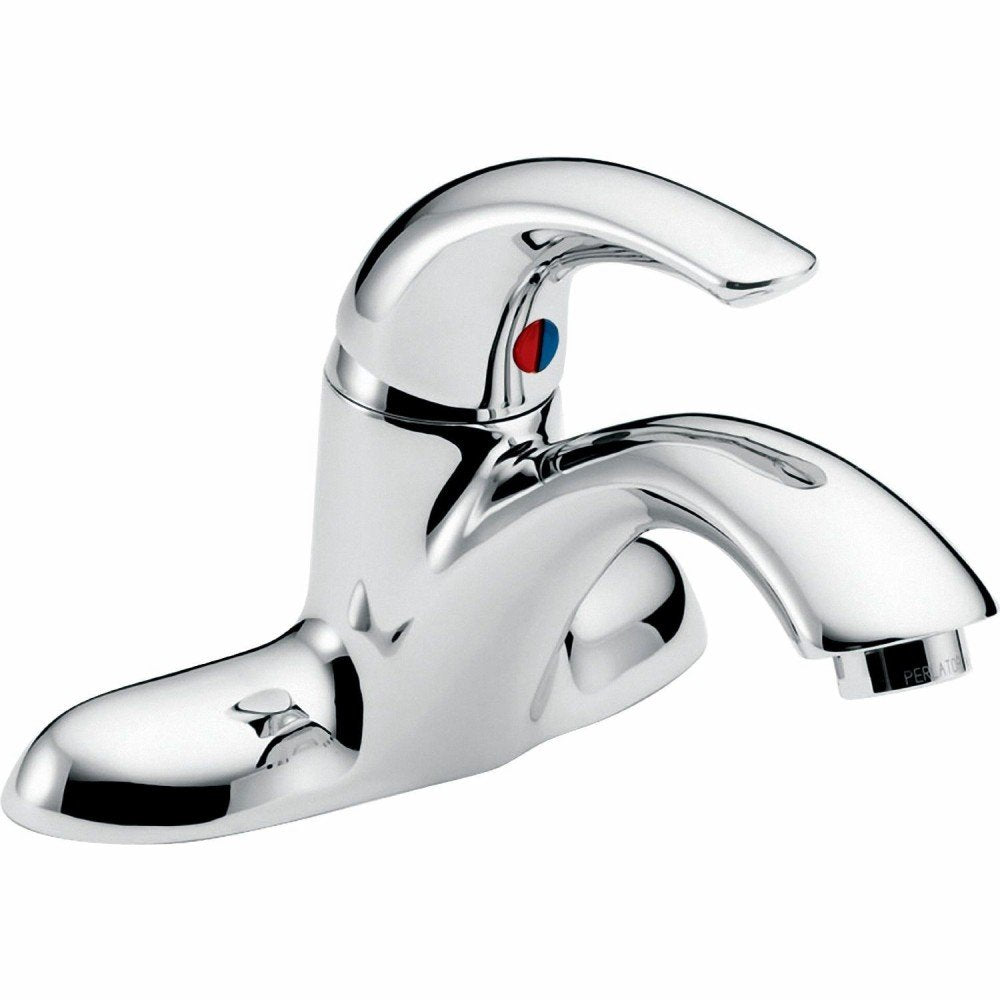 Chrome single-handle bathroom faucet with curved spout and red/blue temperature indicator.