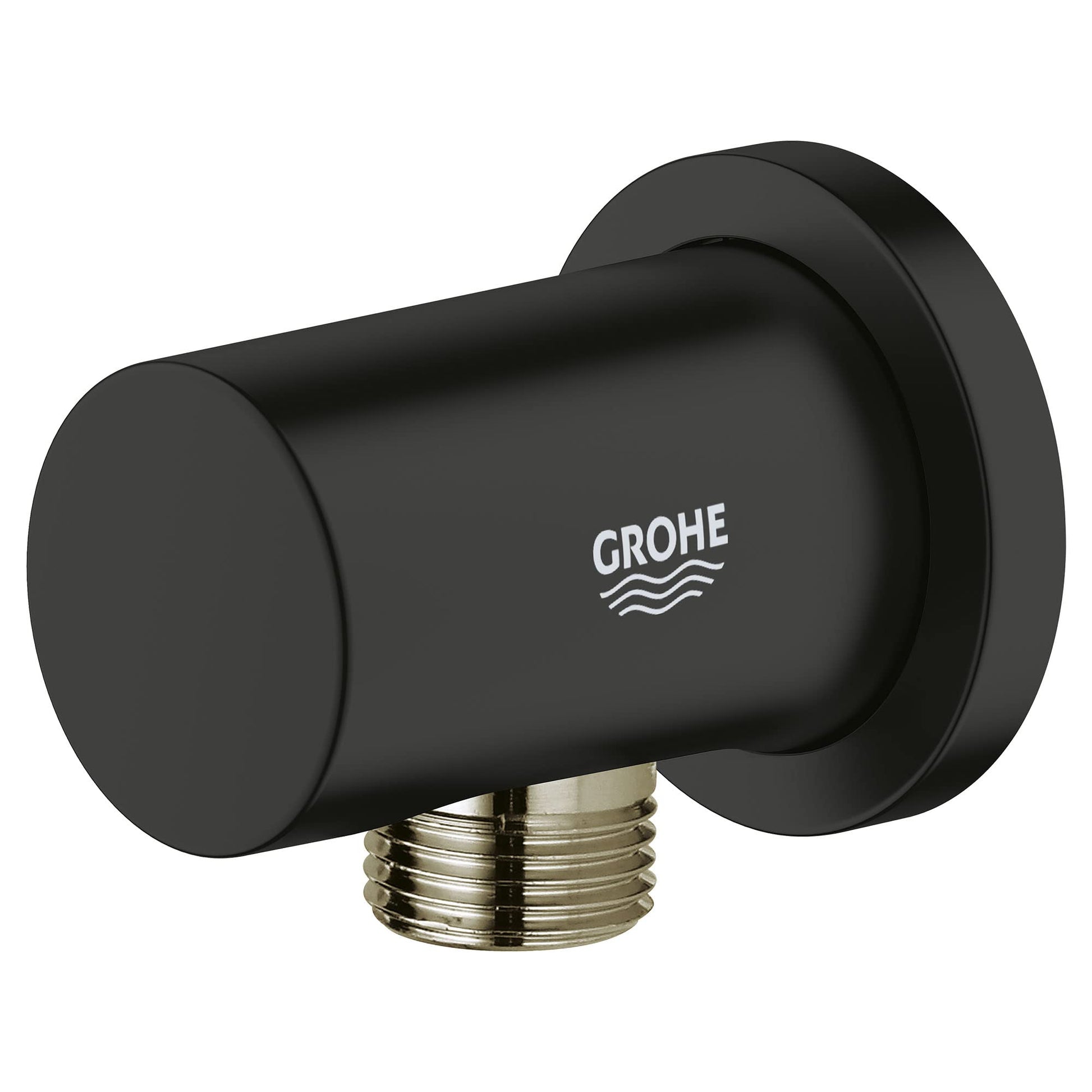 Matte black cylindrical wall union with threaded brass connector and Grohe logo.
