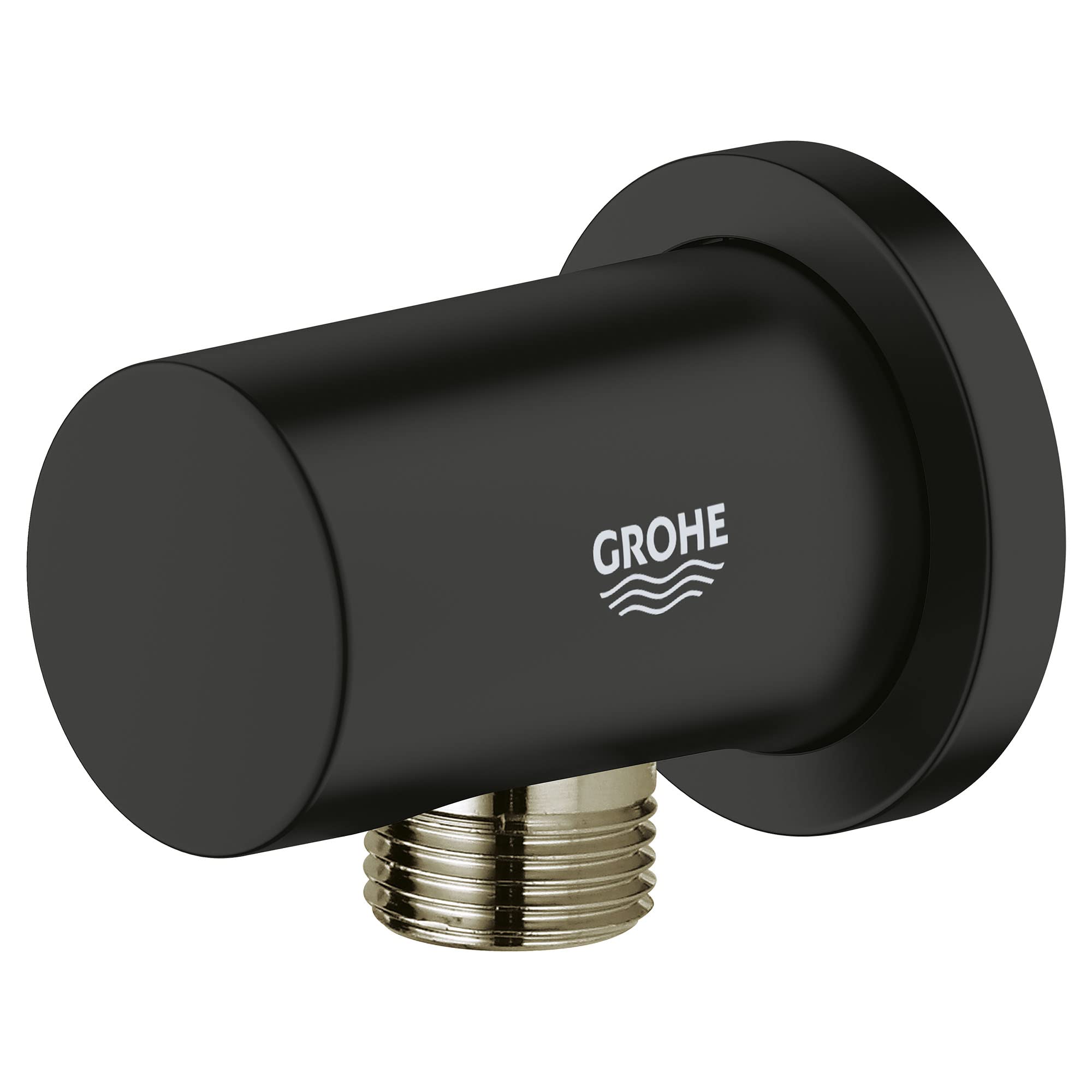 Matte black cylindrical wall union with threaded brass connector and Grohe logo.