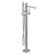 Chrome freestanding floor-mount tub filler with single handle, spout, and detachable handshower on hose.