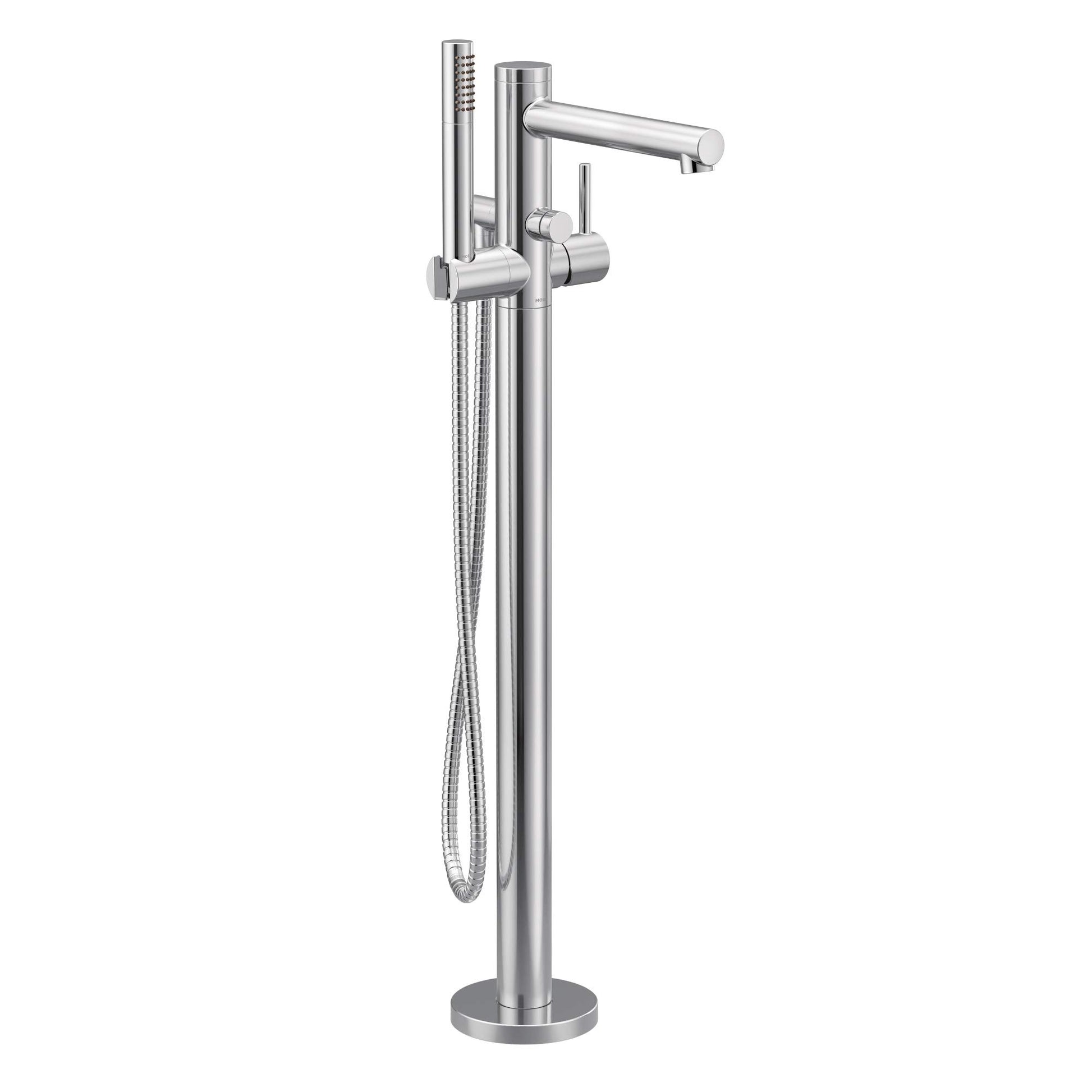 Chrome freestanding floor-mount tub filler with single handle, spout, and detachable handshower on hose.