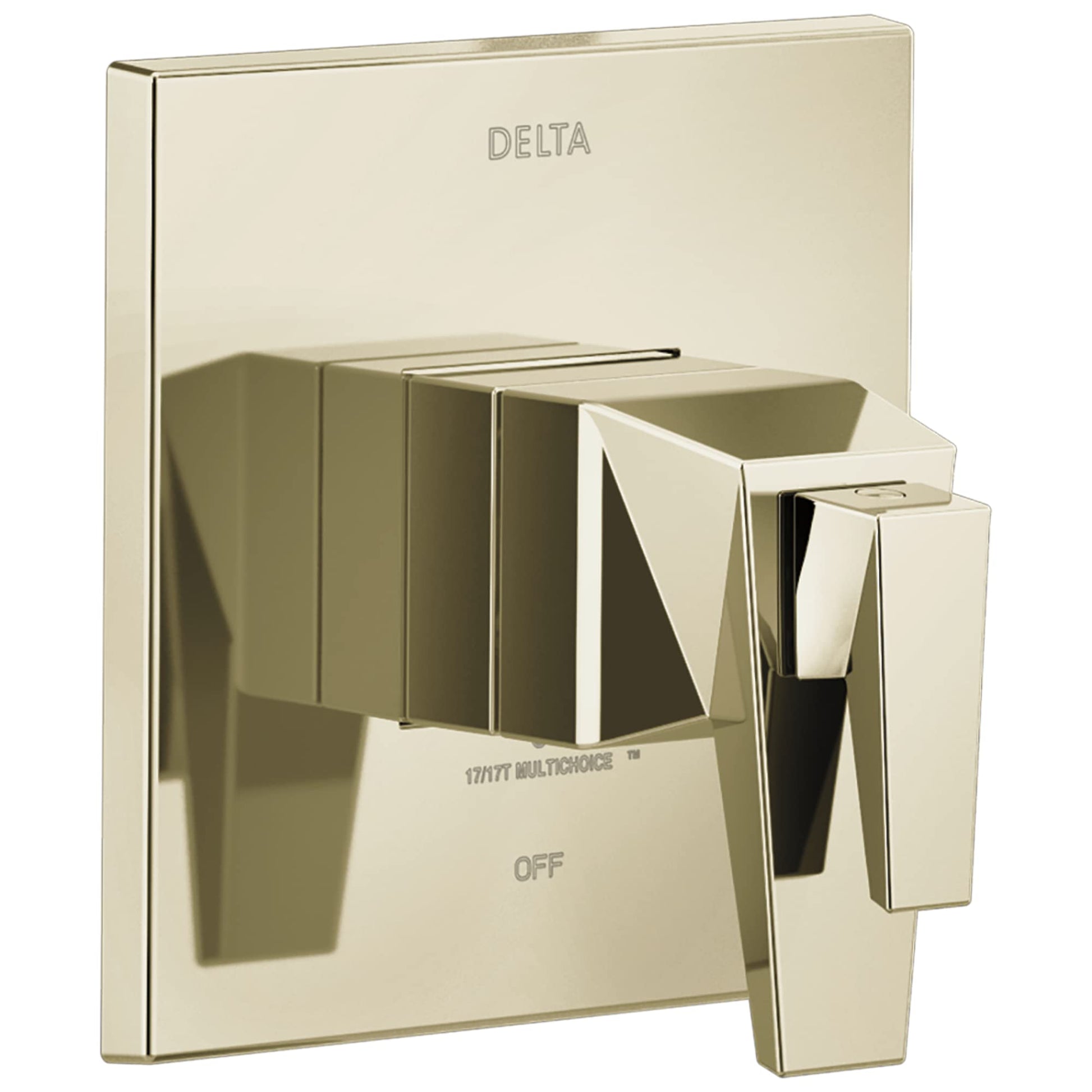 Polished nickel Delta valve trim with single lever handle and square escutcheon plate marked "OFF."