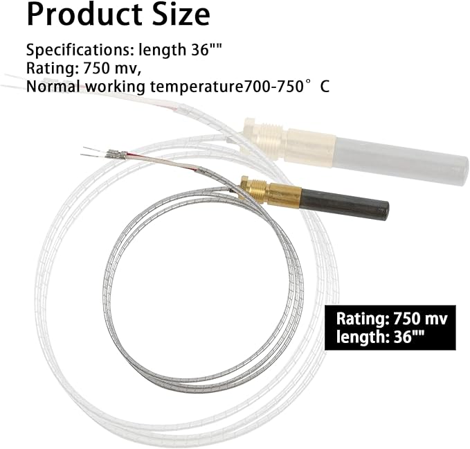 Thermopile generator with 36" coiled cable, brass and black connectors, and white protective sheathing.