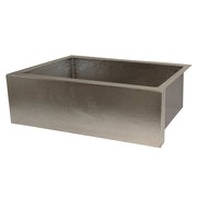 Brushed nickel single-basin farmhouse sink with hammered texture interior and smooth exterior rim.