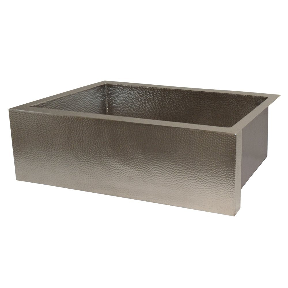 Brushed nickel single-basin farmhouse sink with hammered texture interior and smooth exterior rim.