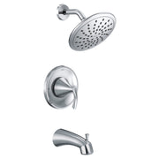 Chrome tub and shower faucet system with round rainshower head, curved arm, control handle, and tub spout.