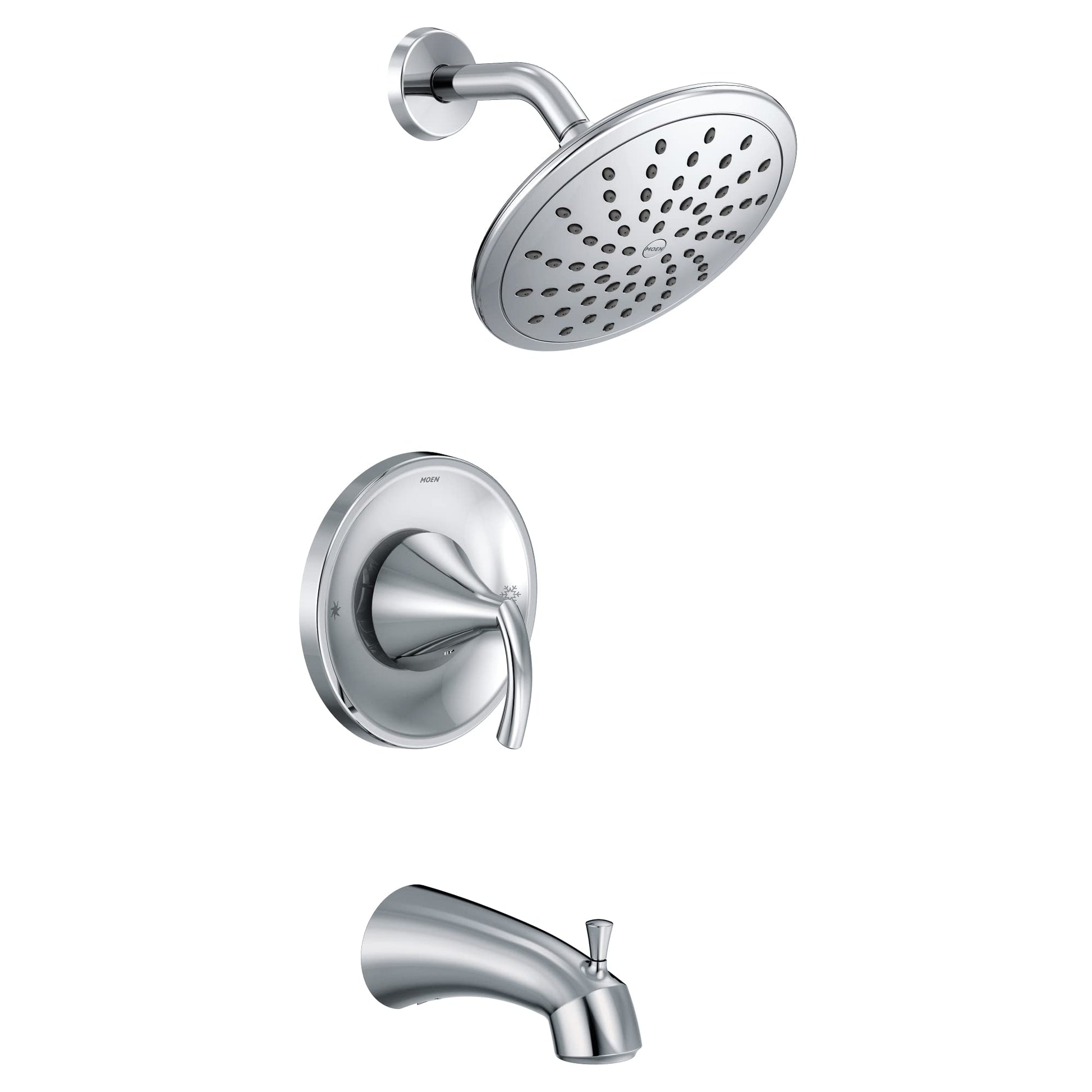 Chrome tub and shower faucet system with round rainshower head, curved arm, control handle, and tub spout.