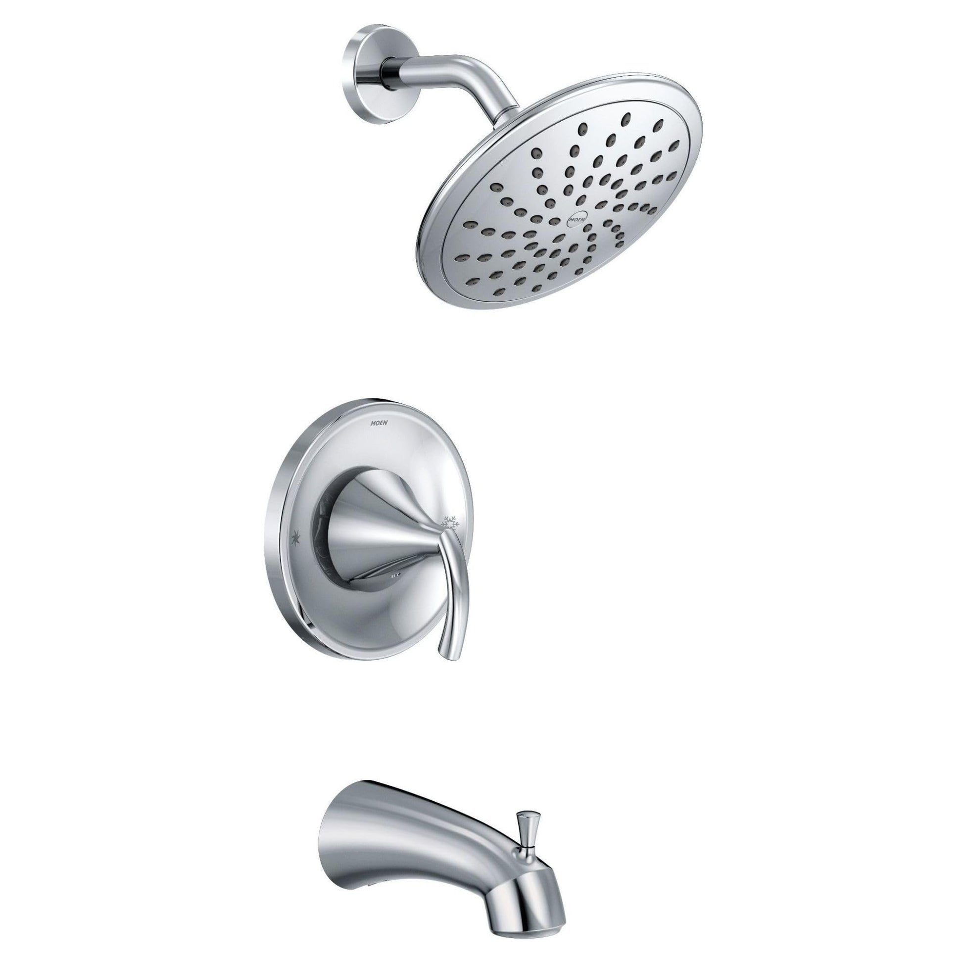 Chrome tub and shower faucet system with round rainshower head, curved wall arm, trim ring with lever handle, and tub spout.