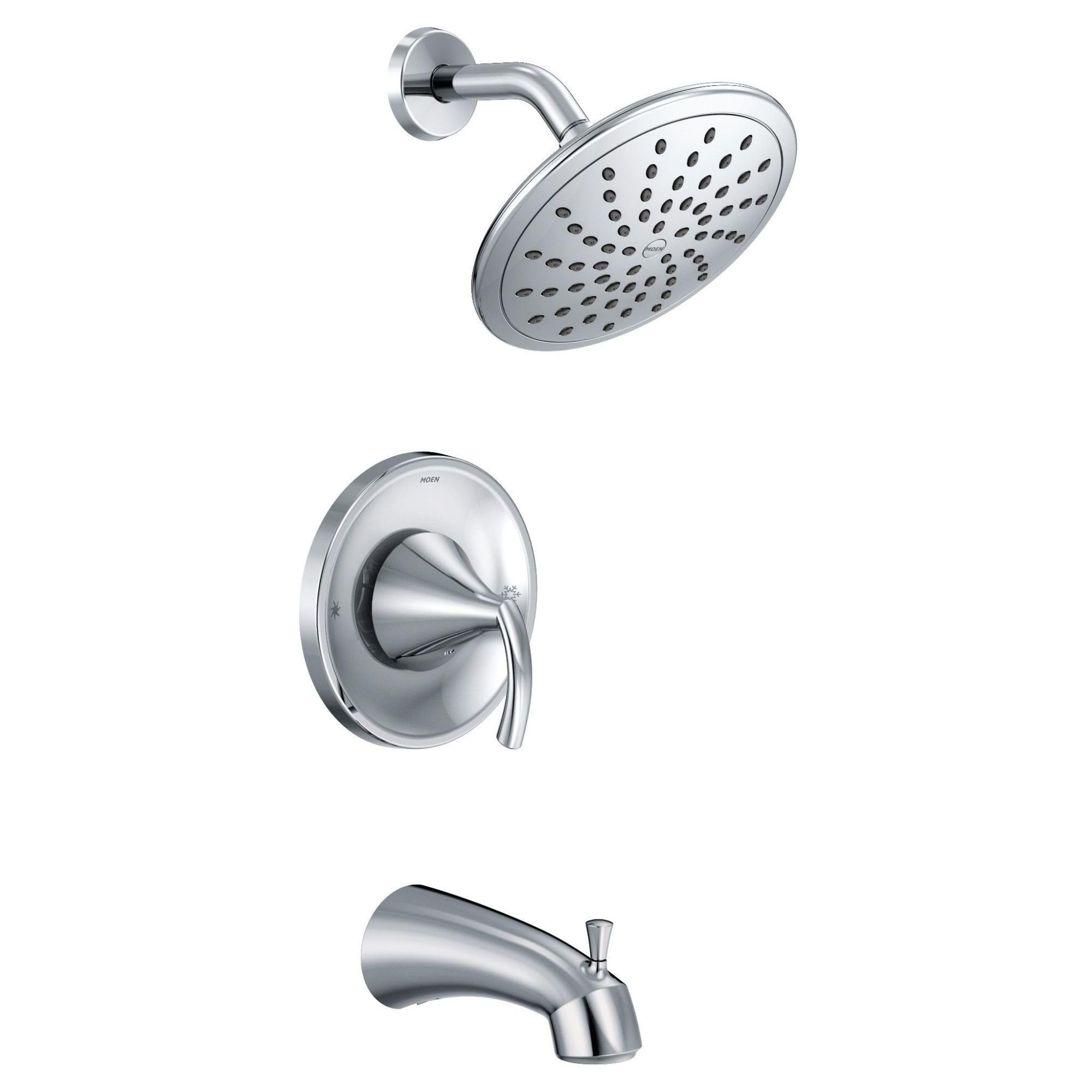Chrome tub and shower faucet system with round rainshower head, curved wall arm, trim ring with lever handle, and tub spout.