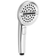 Chrome hand shower with round head featuring multiple spray holes divided into upper and lower sections with a horizontal sel