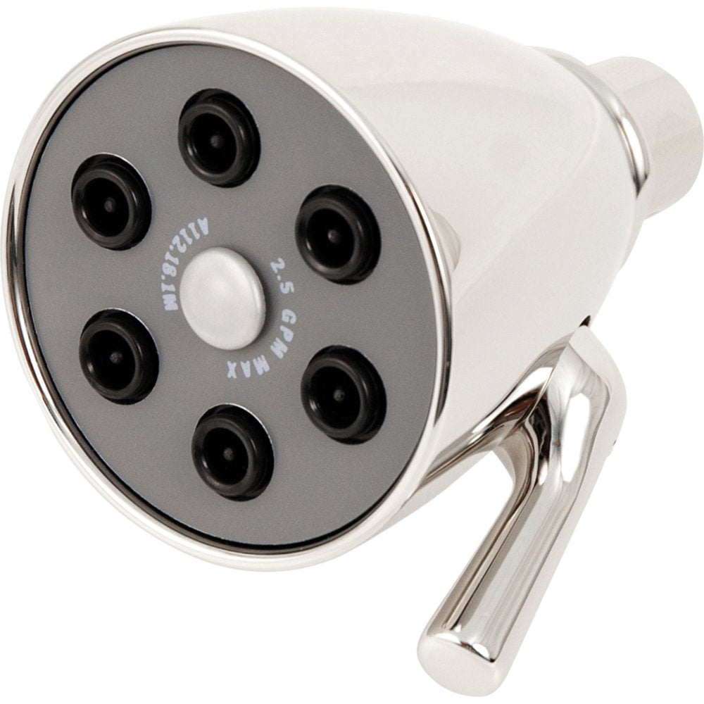 Polished chrome shower head with gray face plate, seven black spray nozzles, center adjustment dial, and attached arm bracket