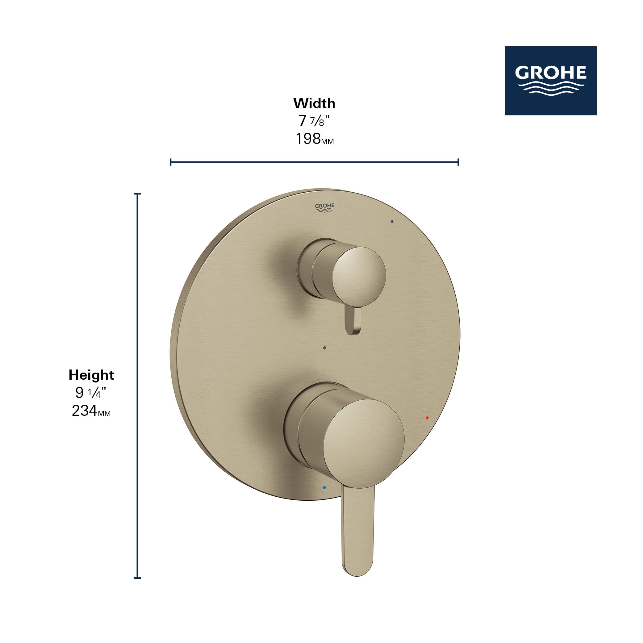 Grohe Cosmopolitan brushed nickel pressure balance shower valve with dual round handles and oval escutcheon plate.