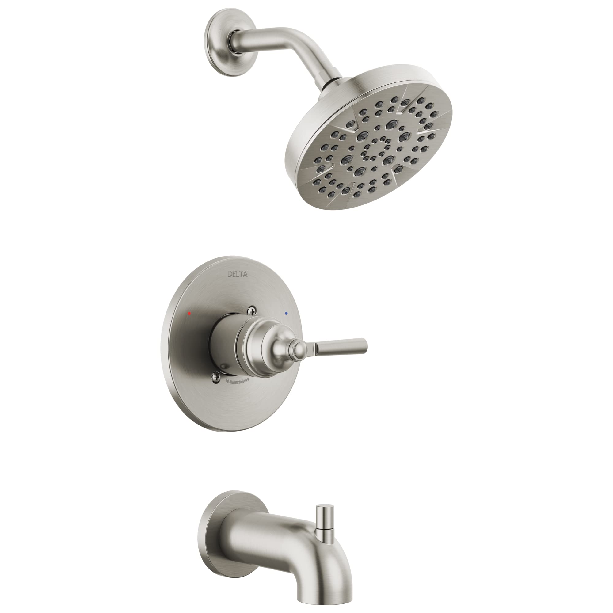 Brushed nickel showerhead with wall arm, control valve with lever handle, and tub spout trim kit.