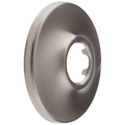Stainless steel circular shower flange with brushed finish and central oval opening.