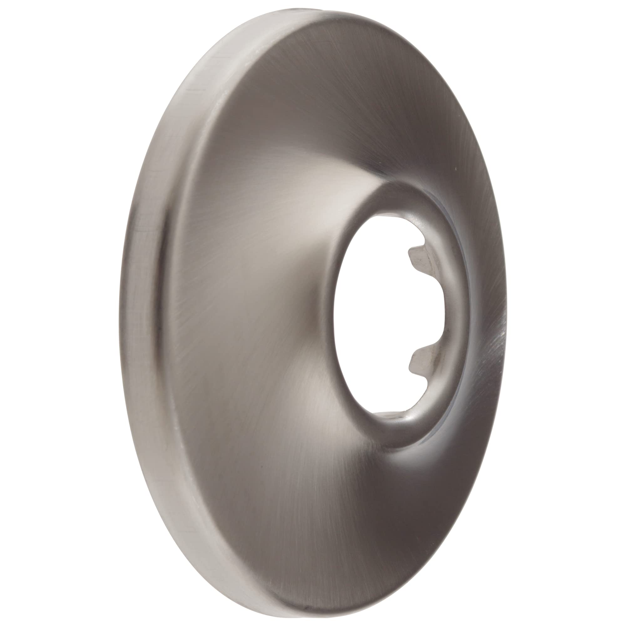 Stainless steel circular shower flange with brushed finish and central oval opening.