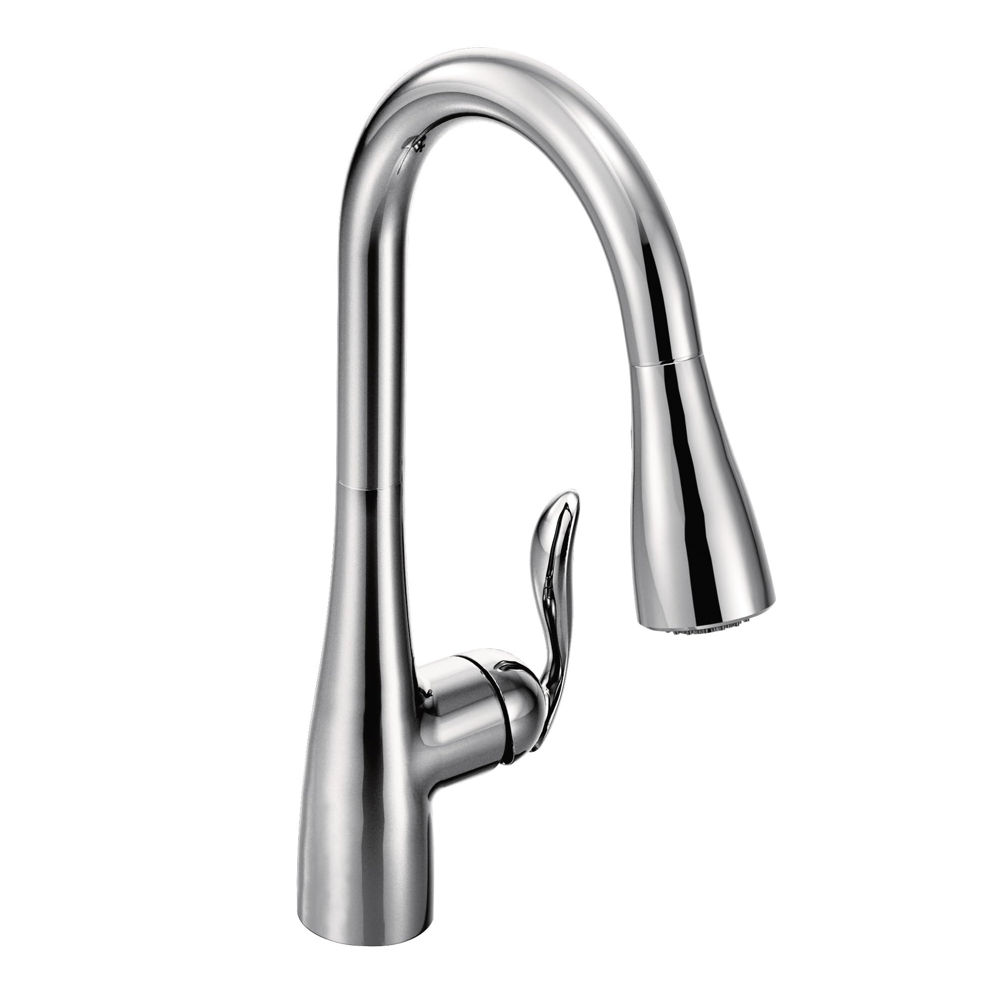 Chrome kitchen faucet with curved spout, single handle, and retractable sprayer head.