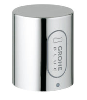 Chrome cylindrical faucet handle with Grohe branding and black accent stripe.