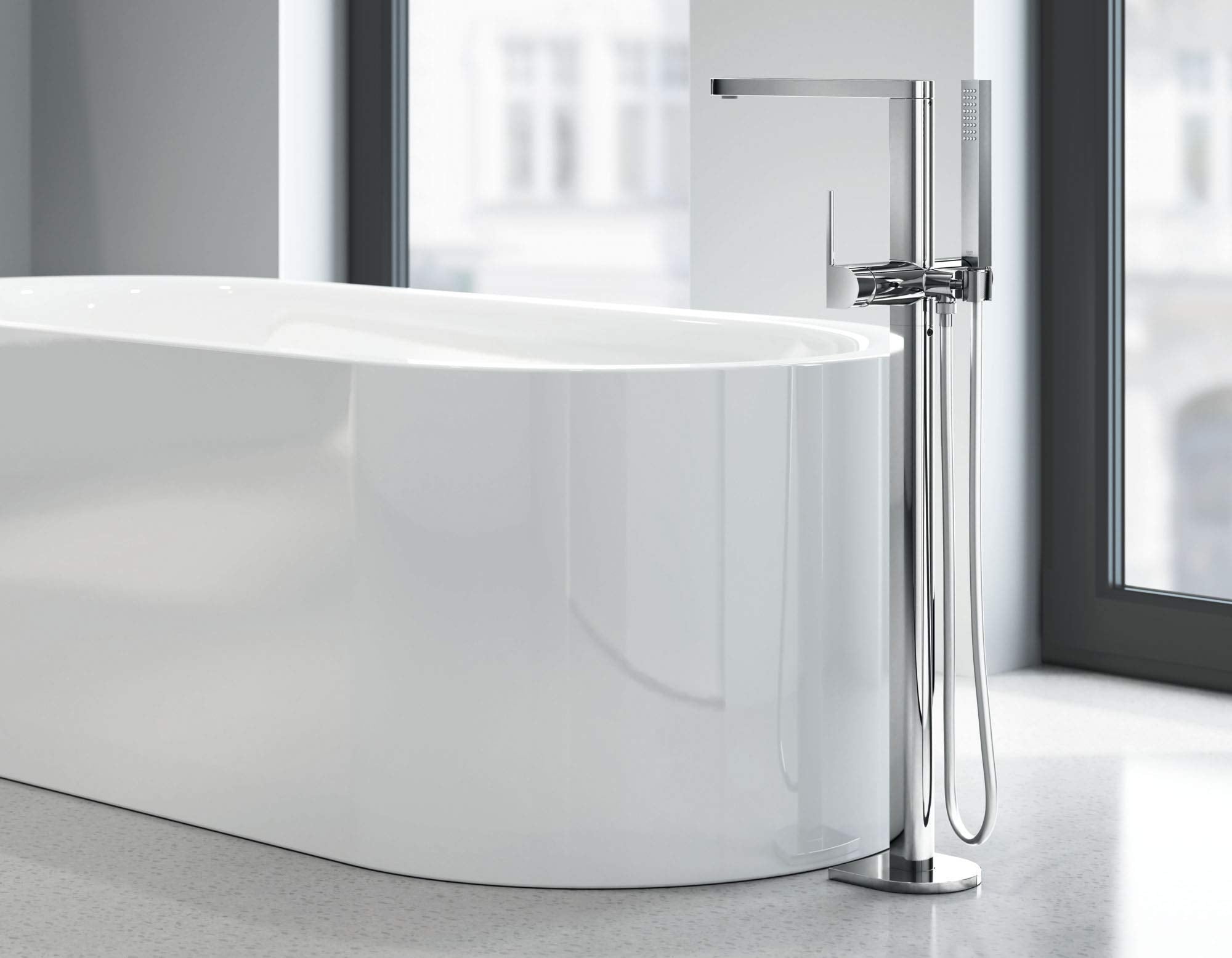 Chrome single-handle freestanding tub faucet with hand shower and curved spout.