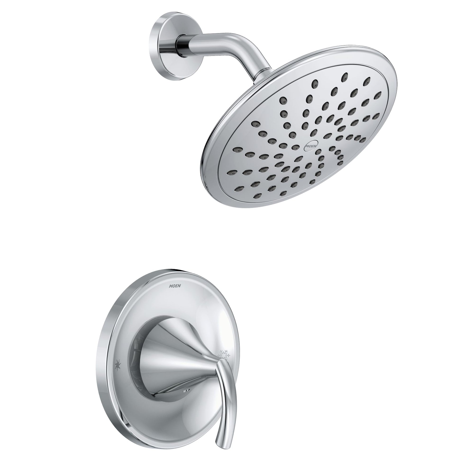 Chrome shower system with round rainshower head and curved arm mounted on circular wall plate with lever handle trim.