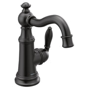 Matte black single-handle bathroom sink faucet with curved spout, ornamental ball cap, and lever handle on cylindrical base.