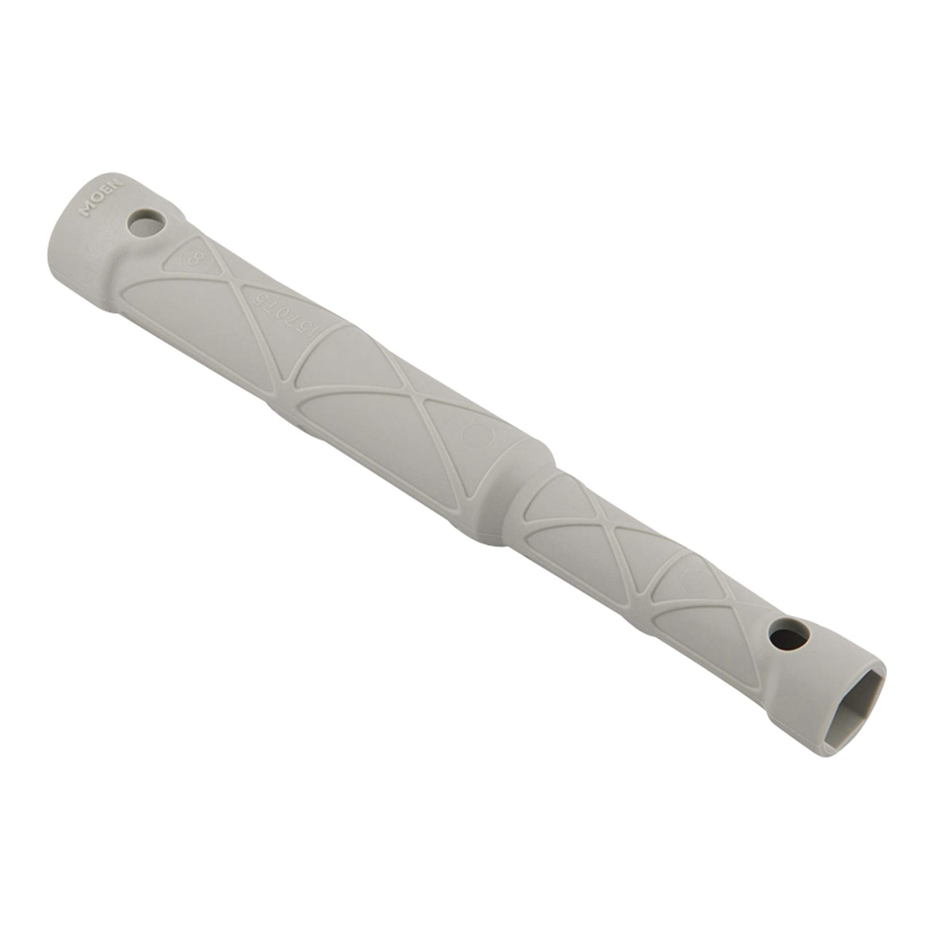 Gray plastic Moen faucet installation rod with cross-hatch pattern and mounting holes at each end.