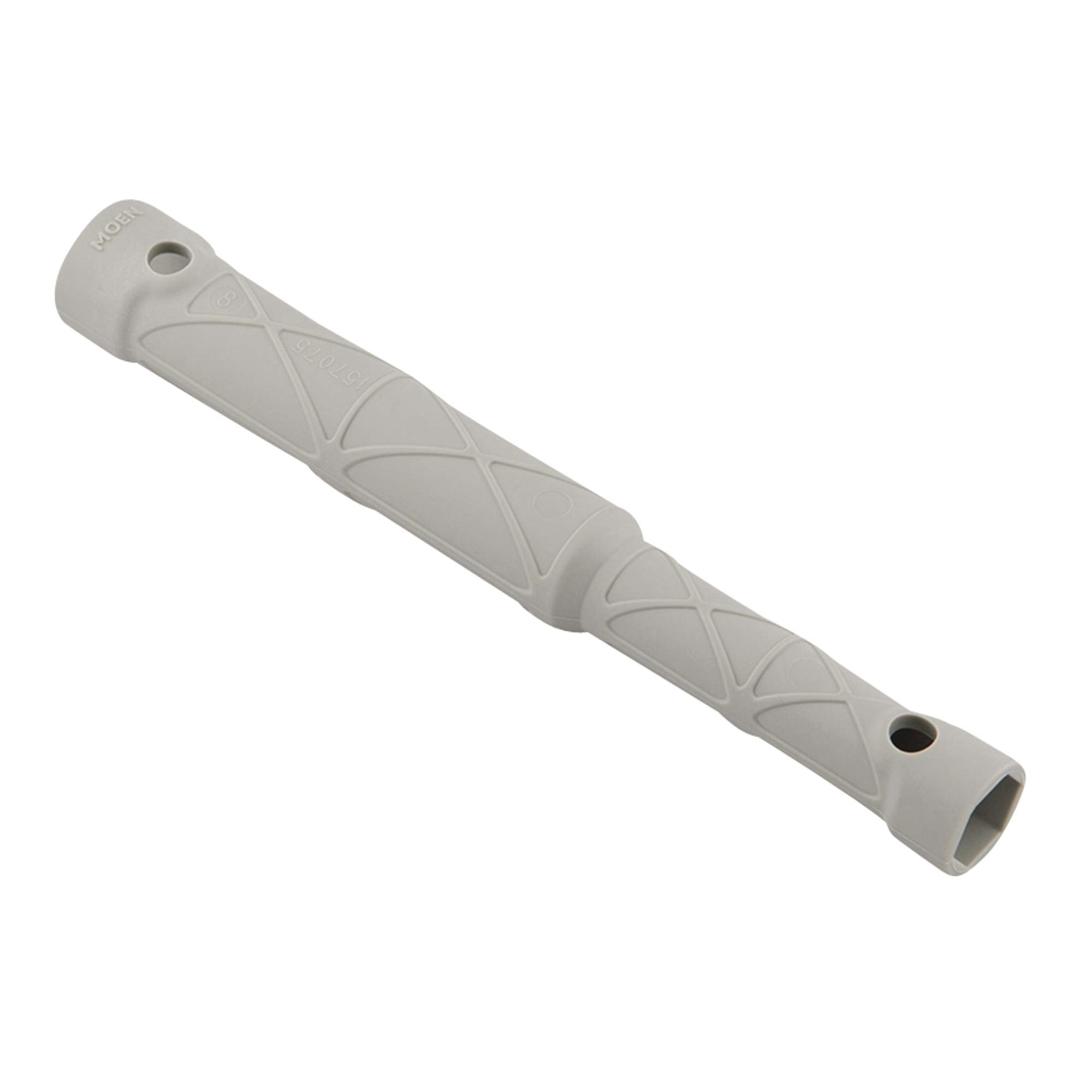 Gray plastic Moen faucet installation rod with cross-hatch pattern and mounting holes at each end.