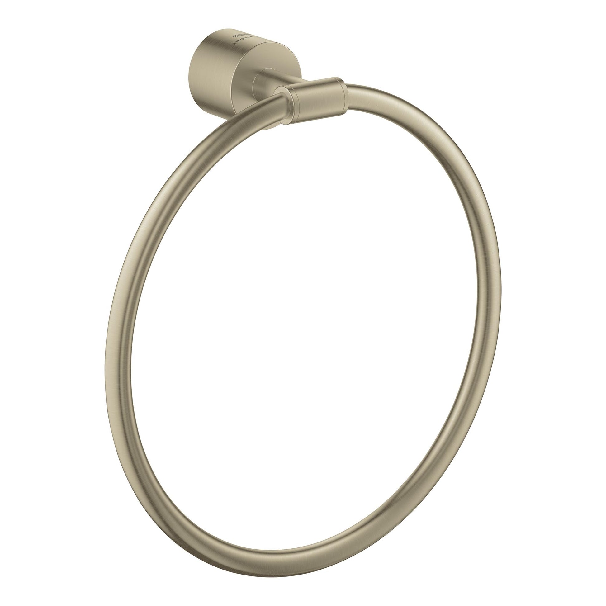 Brushed nickel circular towel ring with wall-mounted cylindrical bracket.
