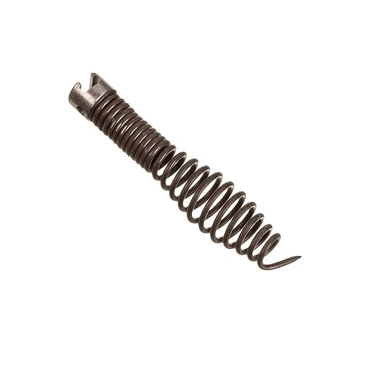 Steel auger with coiled spiral shaft and curved tip attachment, 7/8 inch diameter.