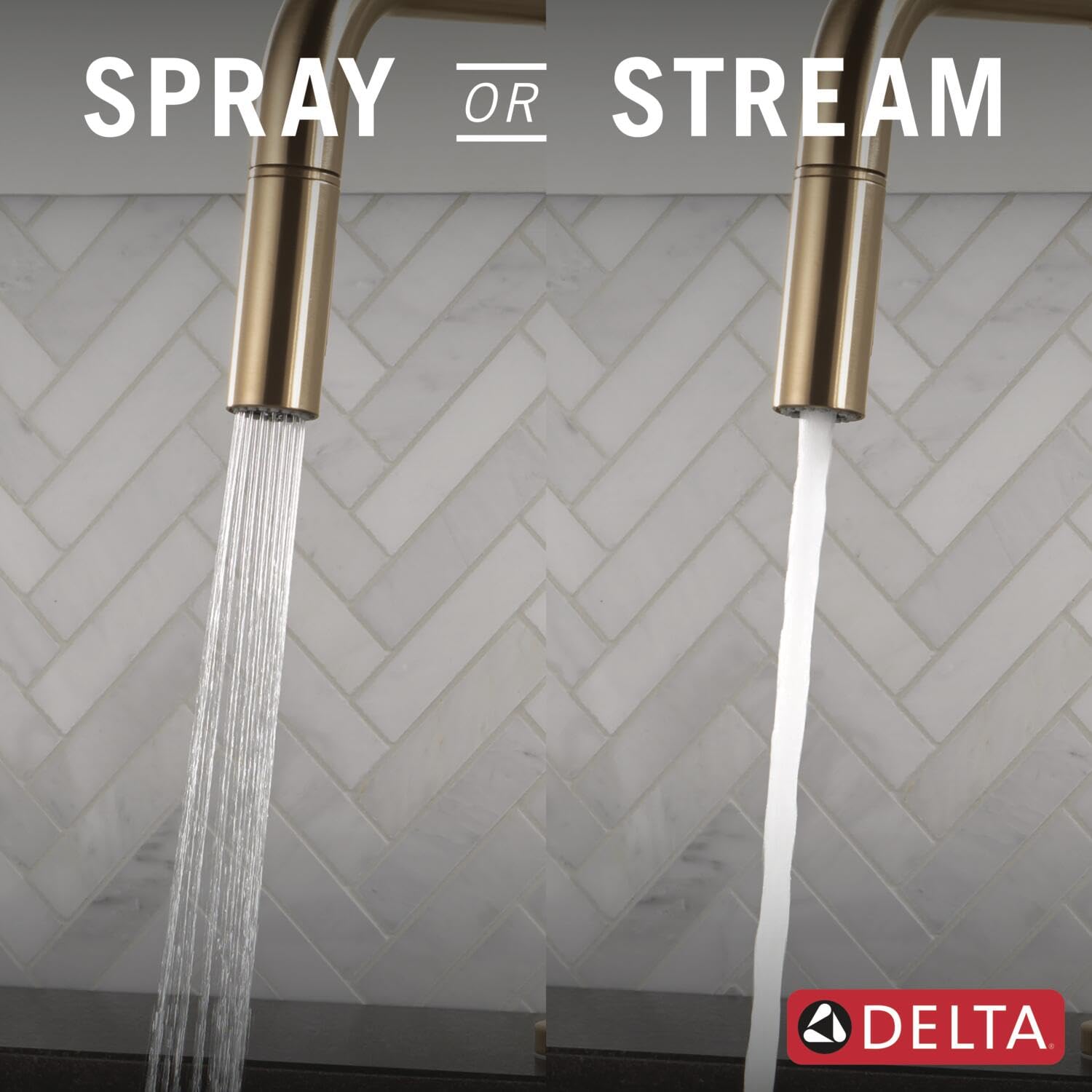 Champagne bronze pull-down kitchen faucet displaying spray and stream water modes against herringbone tile backsplash.