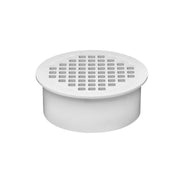 White PVC floor drain with 4-inch snap-in design and perforated strainer top.