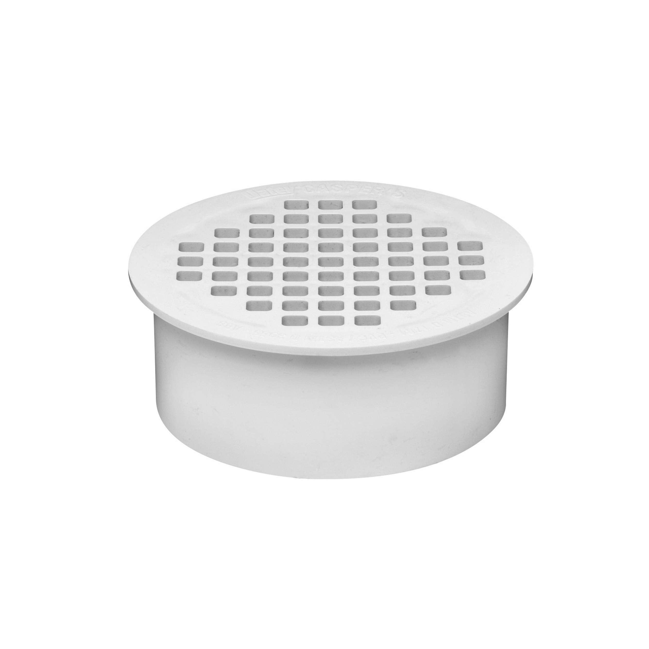 White PVC floor drain with 4-inch snap-in design and perforated strainer top.