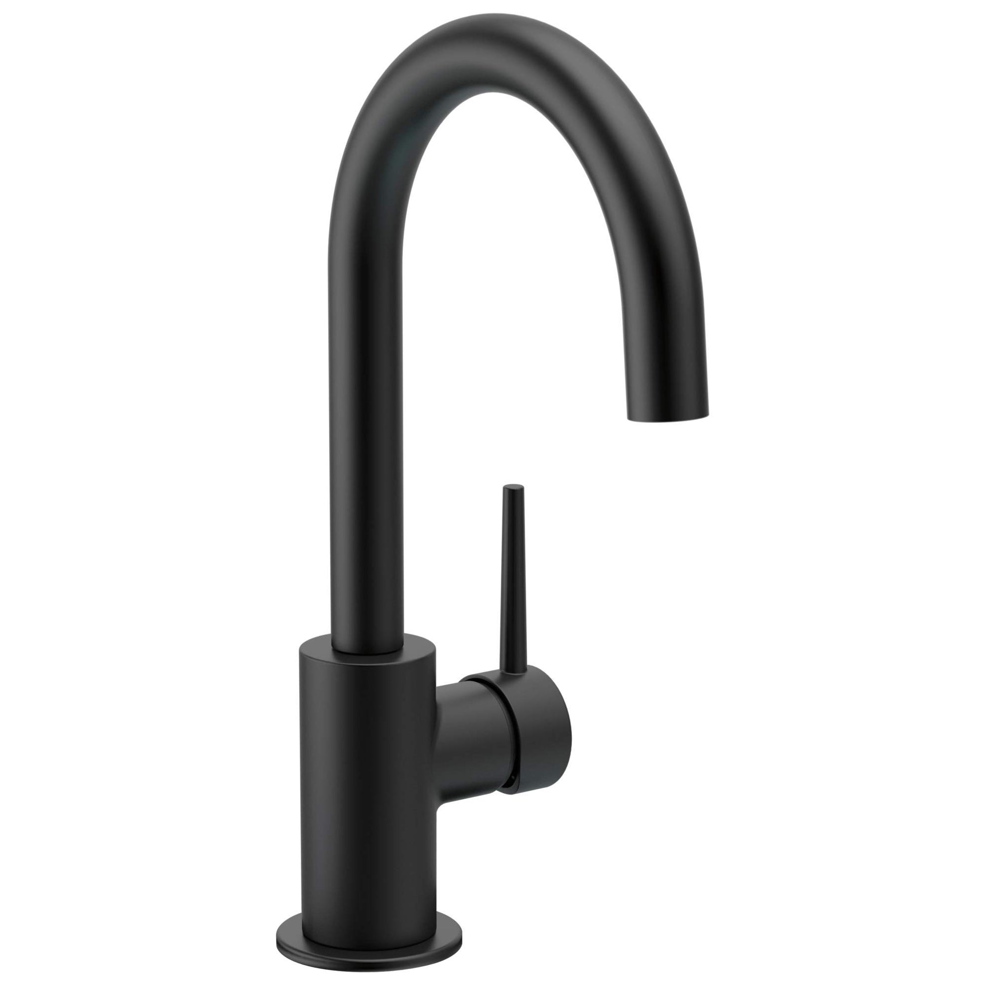 Black kitchen faucet with curved spout, single lever handle, and round base.