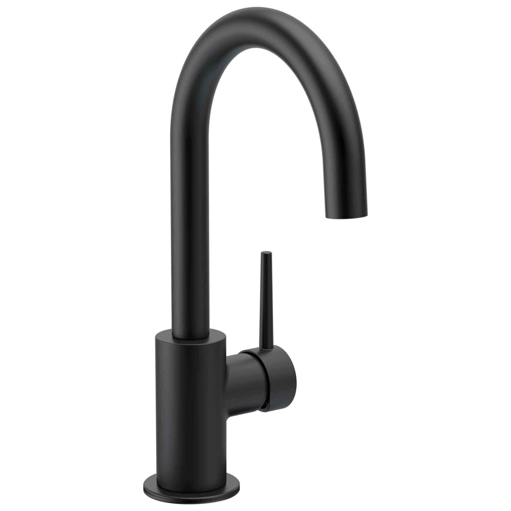 Black kitchen faucet with curved spout, single lever handle, and round base.