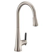 Stainless steel pulldown kitchen faucet with high arc spout, single black handle, and retractable spray head.